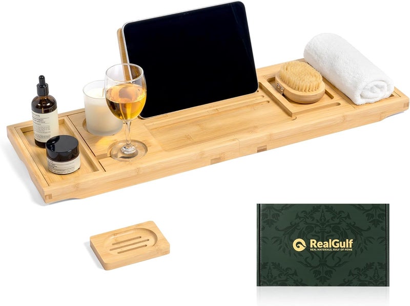 Realgulf Bamboo Bathtub Tray, Bath Caddy with Wine Glass Holder, Phone Dock & Book Stand | Hands-Free Reading & Ultimate Spa Relaxation Experience-Natural - Image 1